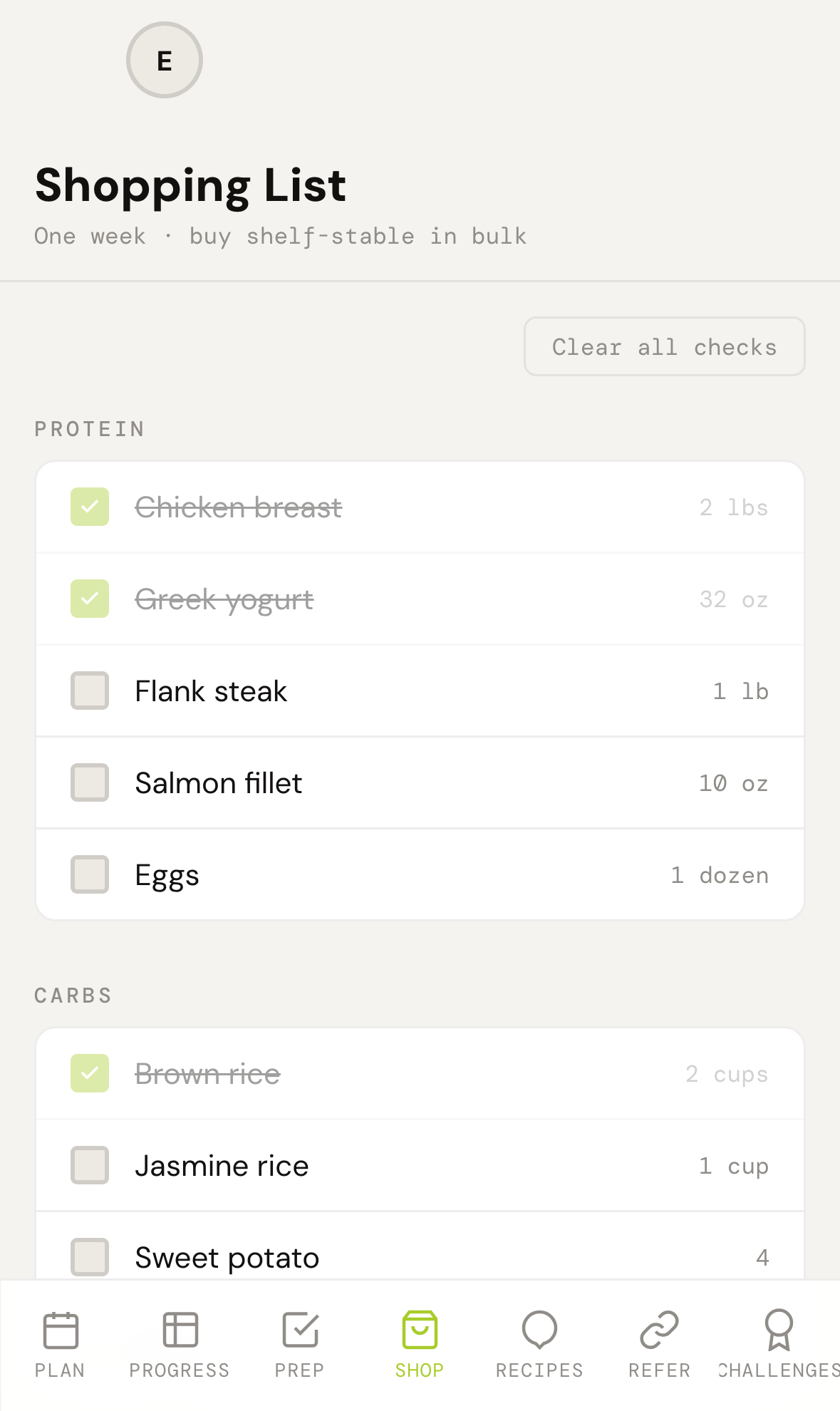 Shopping list view